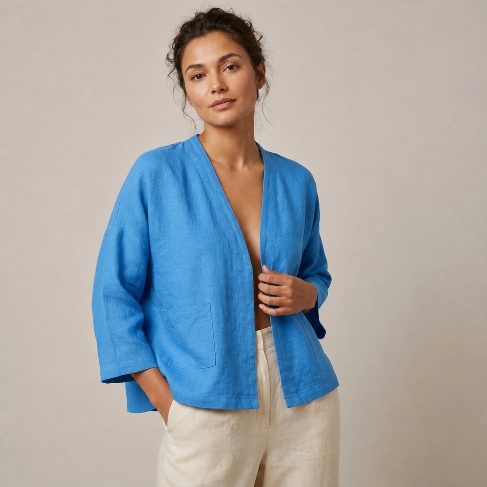 FILOSOFIA Blue 100%‎ Linen Kimono Cardigan Jacket Made in USA Womens Large